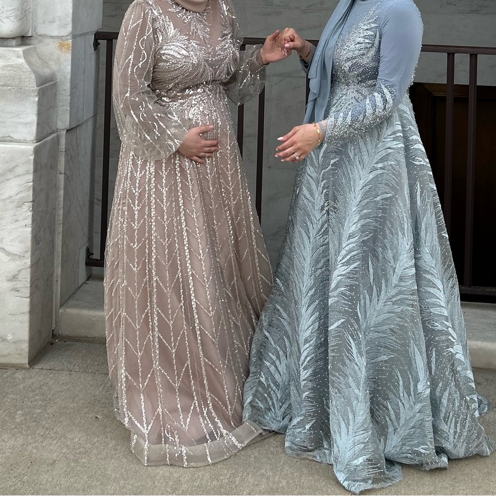 Beautiful long sleeve fully beaded beige/light tan gown fits size 14-16 - Picture 2 of 3